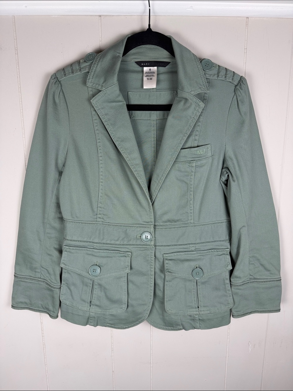 Marc Jacobs Military Blazer Jacket Utility Pockets Sage Green Size 6